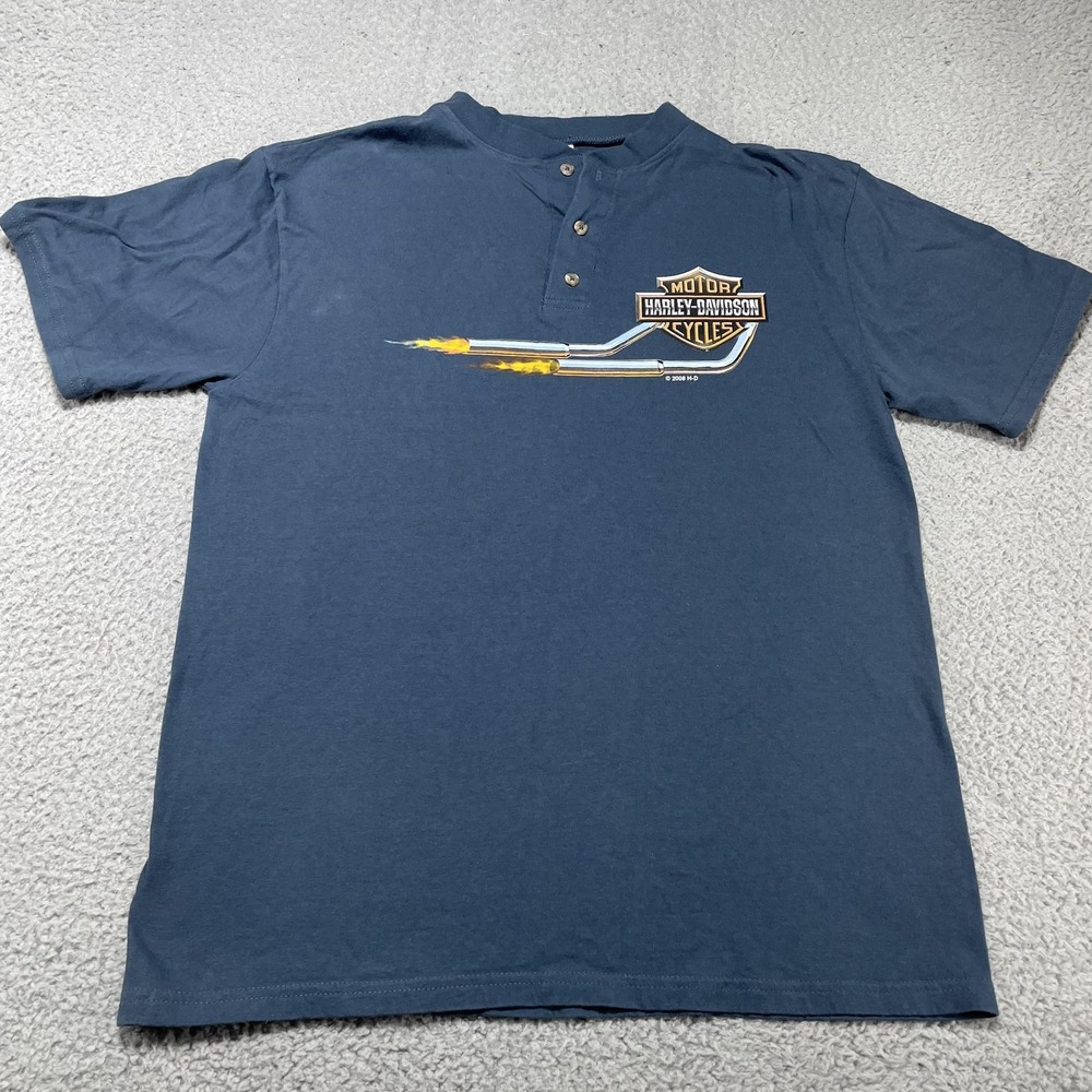 Harley Davidson Shirt Mens Large Blue Henley Hill City South Dakota 2008 Graphic